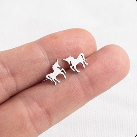 SILVER Unicorn Stainless Steel Stud Earrings With Gift Bag - Picture 2 of 5